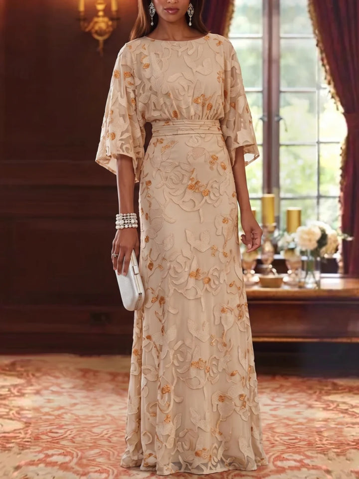 Robe Mère de la Mariée en Mousseline à Col Rond Gaine/Colonne Longueur au Sol Florale Manches 3/4
