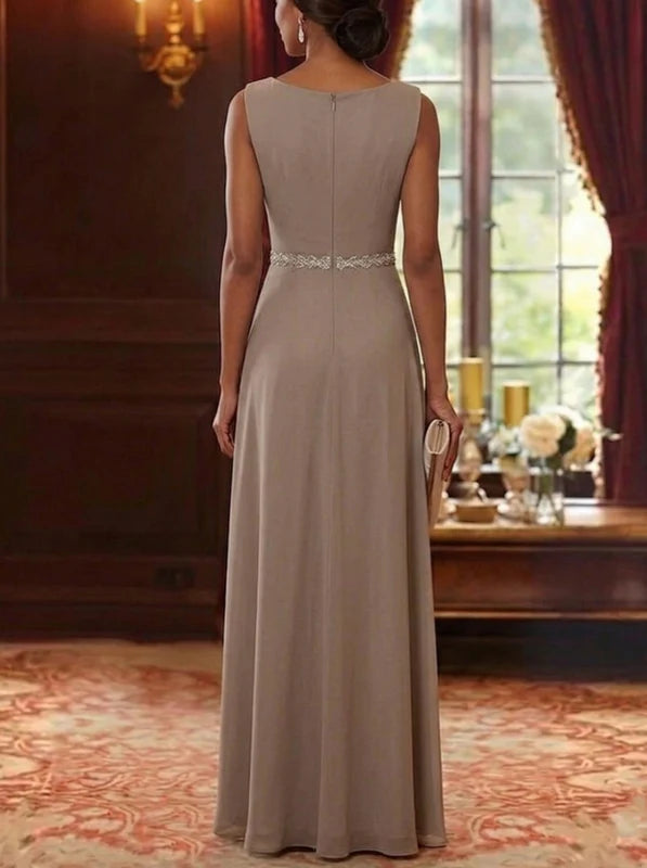 Robe Mère de la Mariée en Mousseline à Col Drapé Ligne A/Princesse Longueur au Sol à Volants Sans Manches