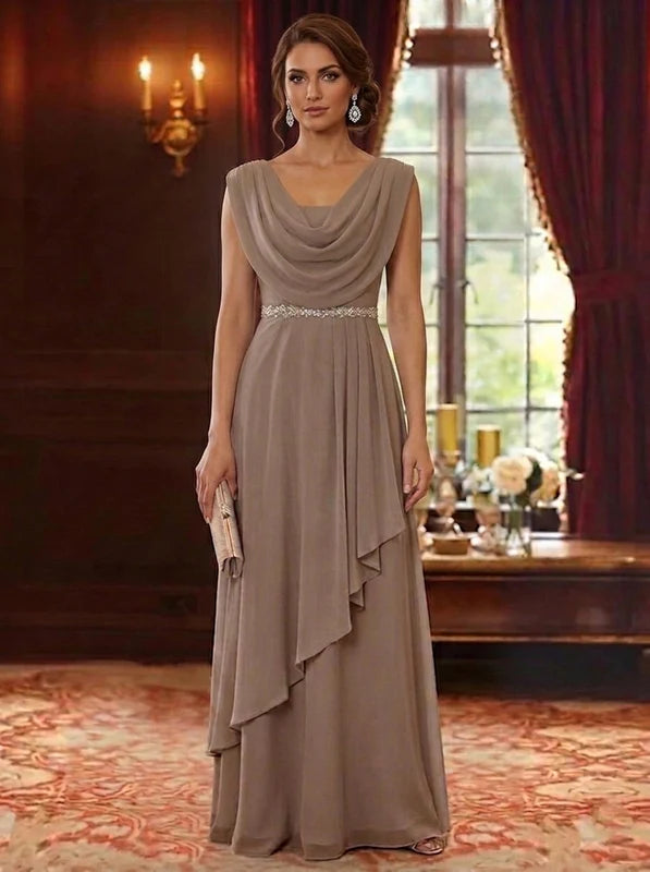 Robe Mère de la Mariée en Mousseline à Col Drapé Ligne A/Princesse Longueur au Sol à Volants Sans Manches