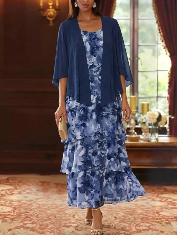 Robe Mère de la Mariée en Mousseline à Col Rond Ligne A/Princesse Longueur Cheville Florale Manches 3/4