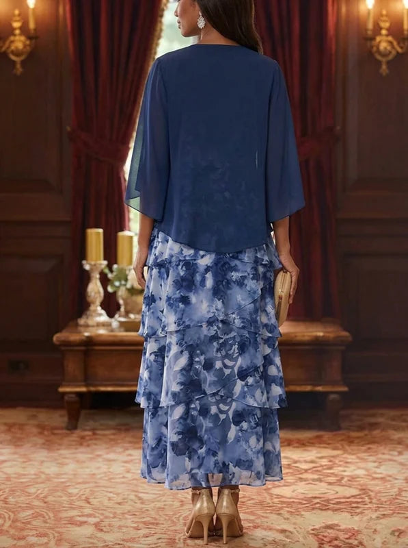 Robe Mère de la Mariée en Mousseline à Col Rond Ligne A/Princesse Longueur Cheville Florale Manches 3/4