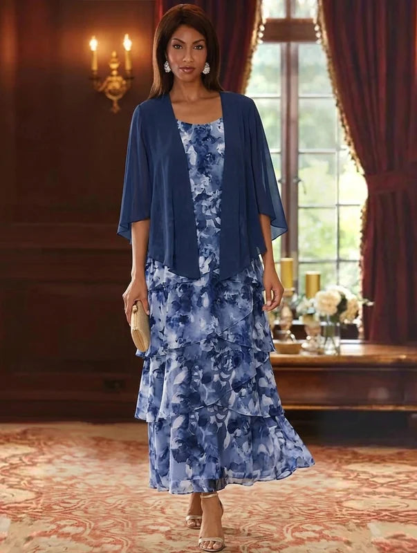 Robe Mère de la Mariée en Mousseline à Col Rond Ligne A/Princesse Longueur Cheville Florale Manches 3/4