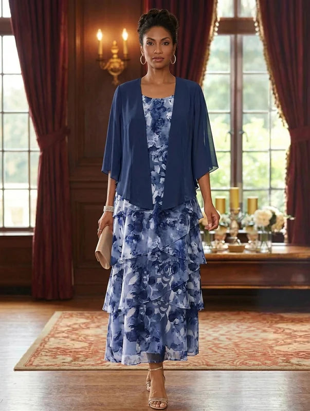 Robe Mère de la Mariée en Mousseline à Col Rond Ligne A/Princesse Longueur Cheville Florale Manches 3/4
