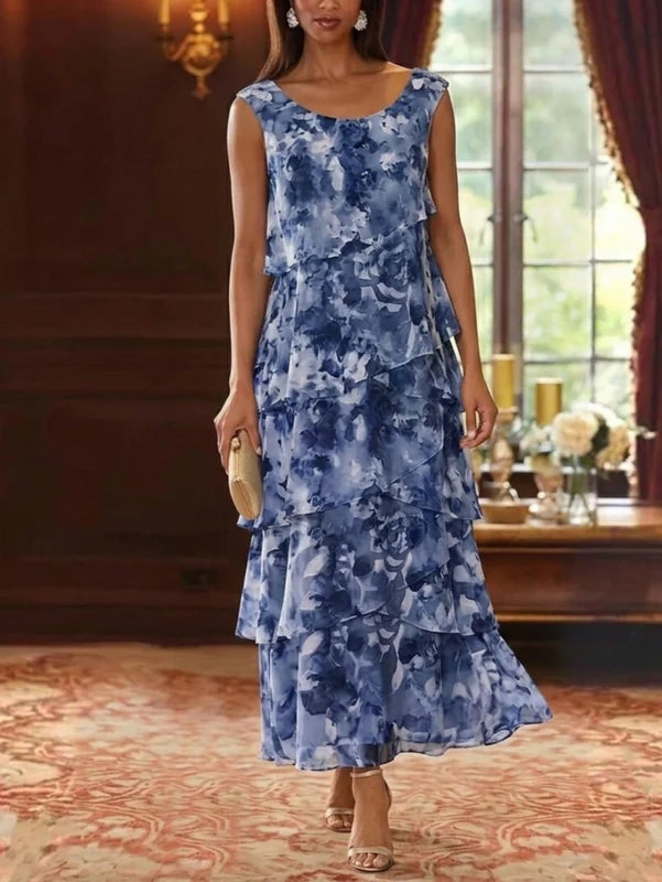 Robe Mère de la Mariée en Mousseline à Col Rond Ligne A/Princesse Longueur Cheville Florale Manches 3/4