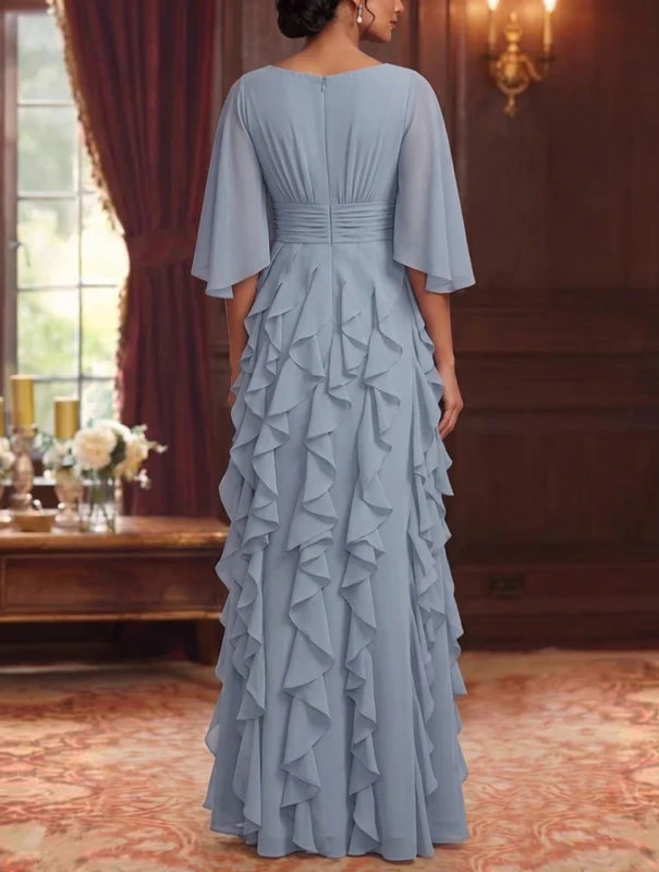 Robe Mère de la Mariée en Mousseline à Col Rond Ligne A/Princesse Longueur au Sol à Volants Manches 3/4