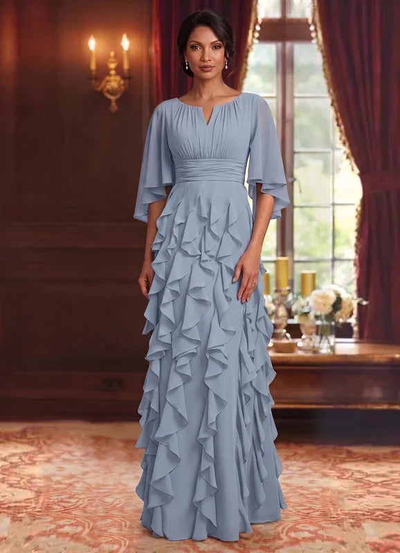 Robe Mère de la Mariée en Mousseline à Col Rond Ligne A/Princesse Longueur au Sol à Volants Manches 3/4