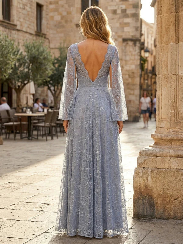 Robe Mère de la Mariée en Dentelle à Col V Ligne A/Princesse Longueur au Sol Florale Manches Cape