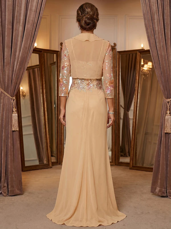 Robe Mère de la Mariée en Mousseline à Col Rond Gaine/Colonne Longueur au Sol Florale Manches 3/4 avec Fente Latérale