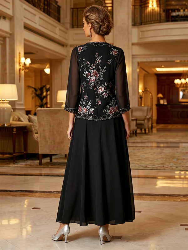 Robe Mère de la Mariée en Mousseline à Col Rond Ligne A/Princesse Longueur Cheville Florale Manches 3/4 avec Veste