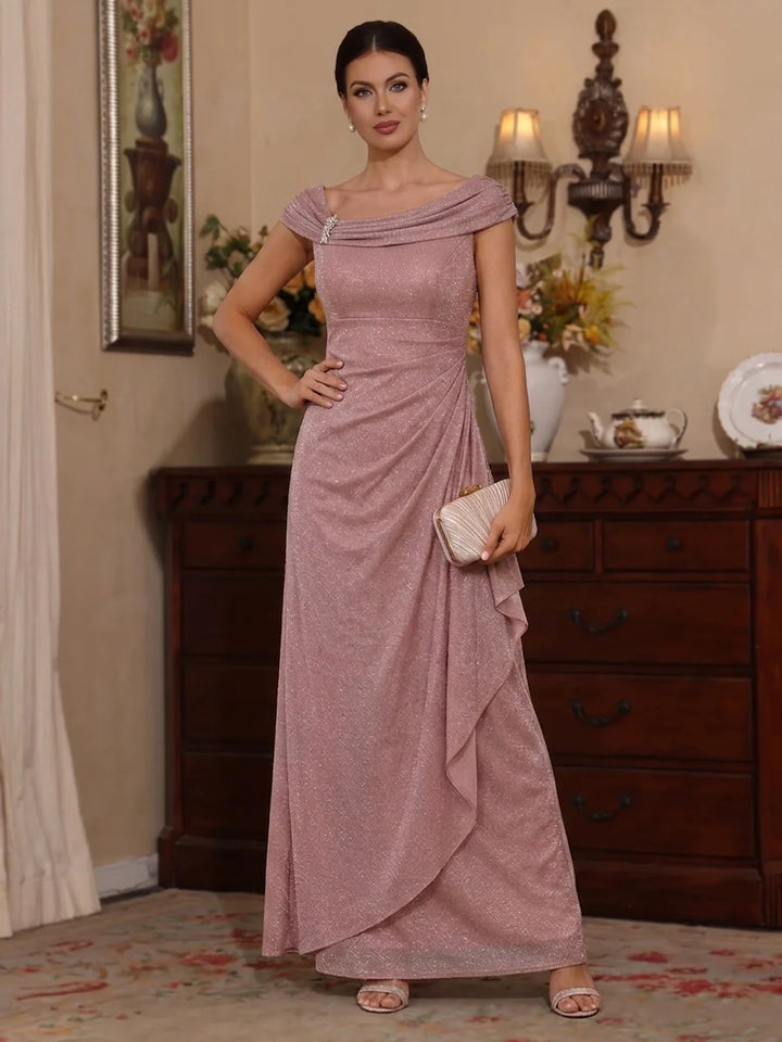 Robe Mère de la Mariée en Maille Métallique à Col Asymétrique Longueur Cheville Sans Manches à Volants