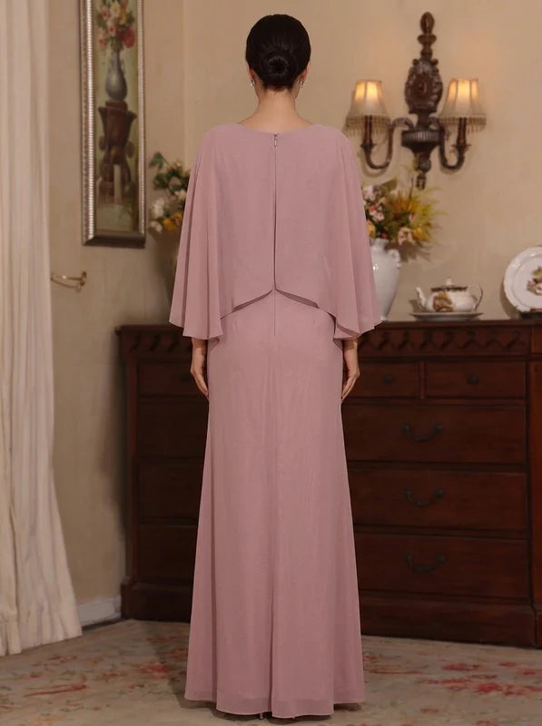 Robe Mère de la Mariée en Mousseline à Col Rond Ligne A/Princesse Longueur au Sol Manches Cape Froncée