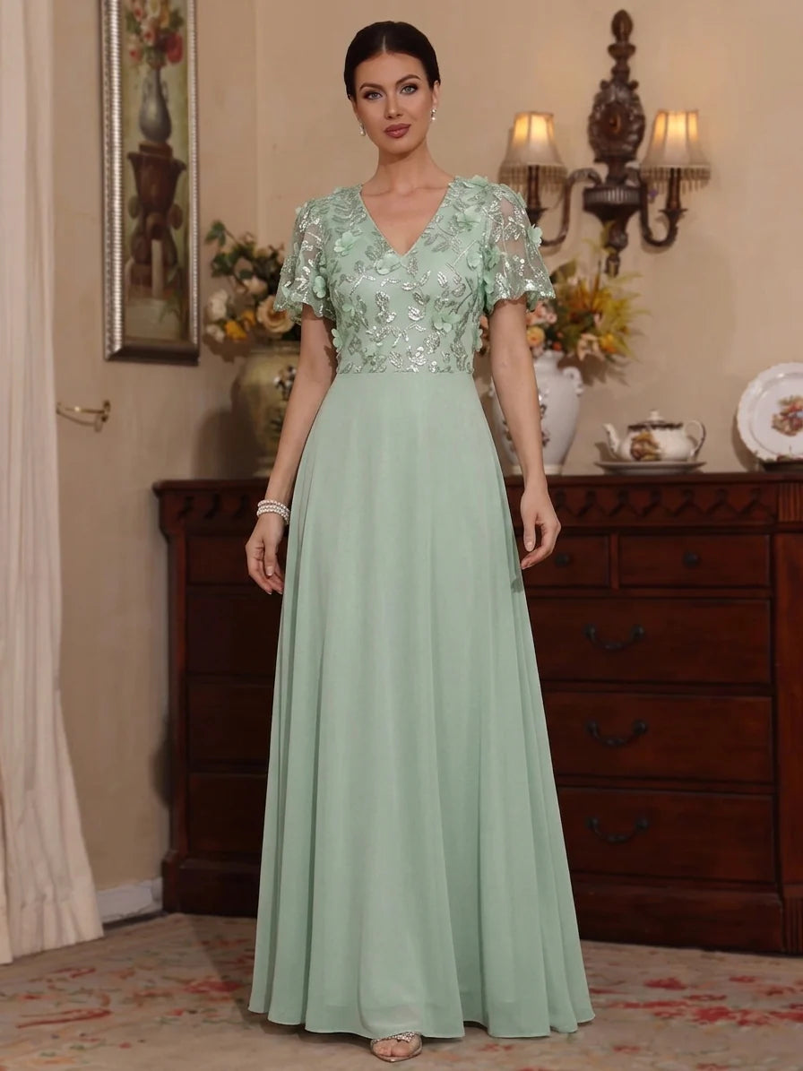 Robe Mère de la Mariée Florale en Mousseline à Col V Longueur au Sol Manches Courtes avec Fleurs 3D