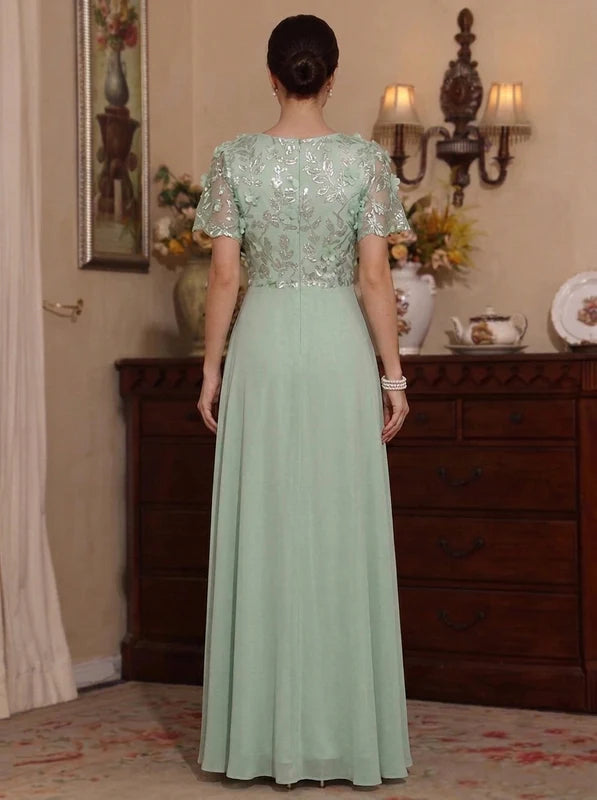 Robe Mère de la Mariée Florale en Mousseline à Col V Longueur au Sol Manches Courtes avec Fleurs 3D