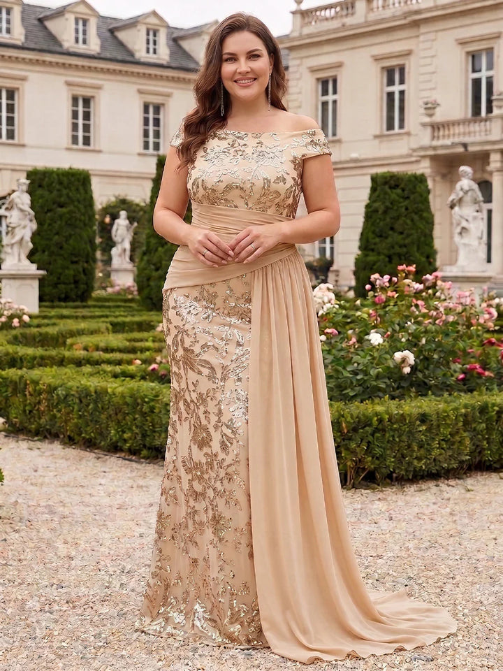 Robe Mère de la Mariée Grande Taille Froncée en Mousseline Ligne A/Princesse Hors de l'Épaule Sans Manches Longueur au Sol
