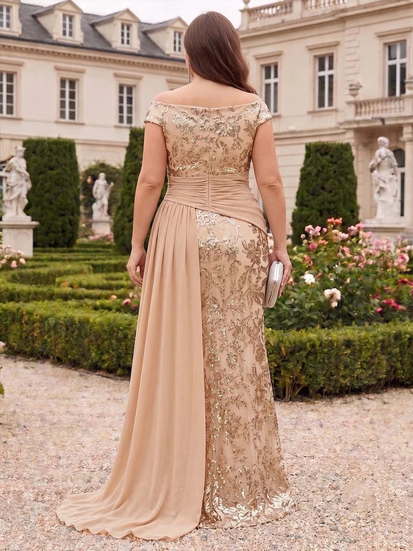 Robe Mère de la Mariée Grande Taille Froncée en Mousseline Ligne A/Princesse Hors de l'Épaule Sans Manches Longueur au Sol