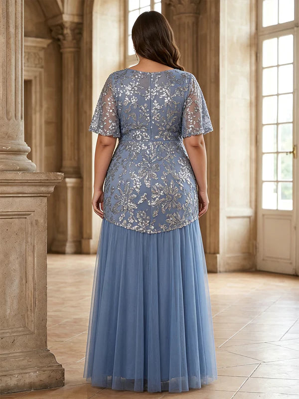 Robe Mère de la Mariée Grande Taille Florale en Mousseline Ligne A/Princesse à Col V Manches Courtes Longueur au Sol à Volants