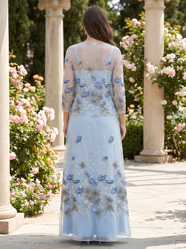 Robe 2 Pièces Mère de la Mariée Grande Taille Florale en Dentelle Ligne A/Princesse à Col V Manches 3/4 Longueur au Sol avec Veste