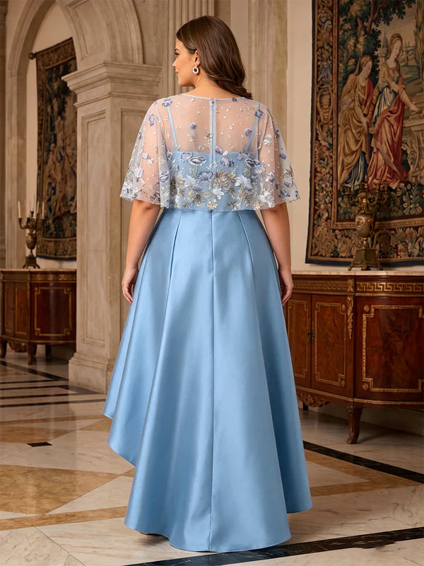 Robe Mère de la Mariée Grande Taille Florale en Satin Ligne A/Princesse à Col Rond Manches Cape Longueur Haut-Bas
