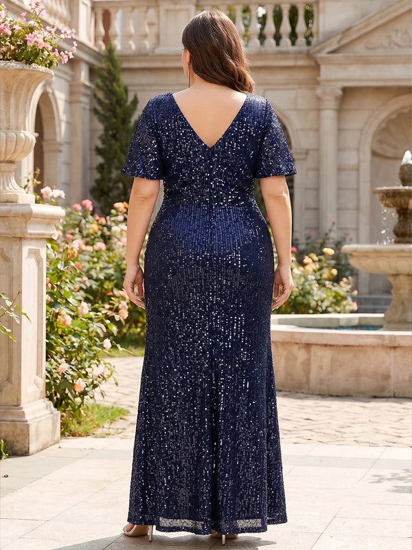 Robe Mère de la Mariée Grande Taille à Paillettes Ligne A/Princesse à Col V Manches Courtes Longueur au Sol Haut-Bas