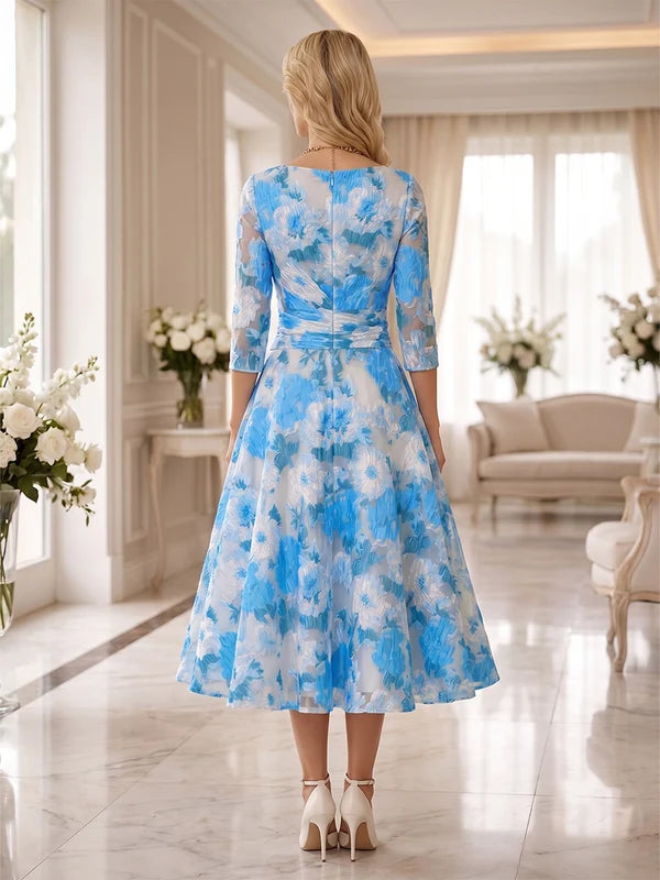 Robe Mère de la Mariée Ligne A/Princesse Florale à Col V Manches 3/4  Longueur Midi Froncée