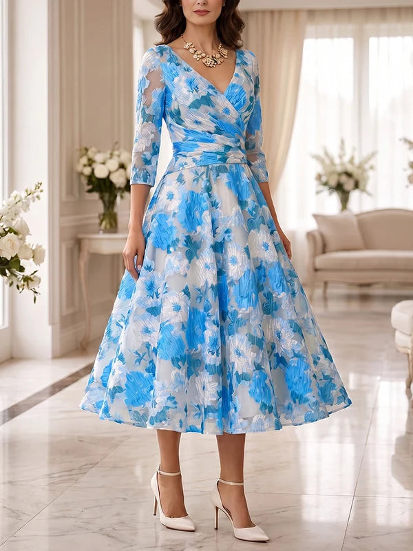 Robe Mère de la Mariée Ligne A/Princesse Florale à Col V Manches 3/4  Longueur Midi Froncée