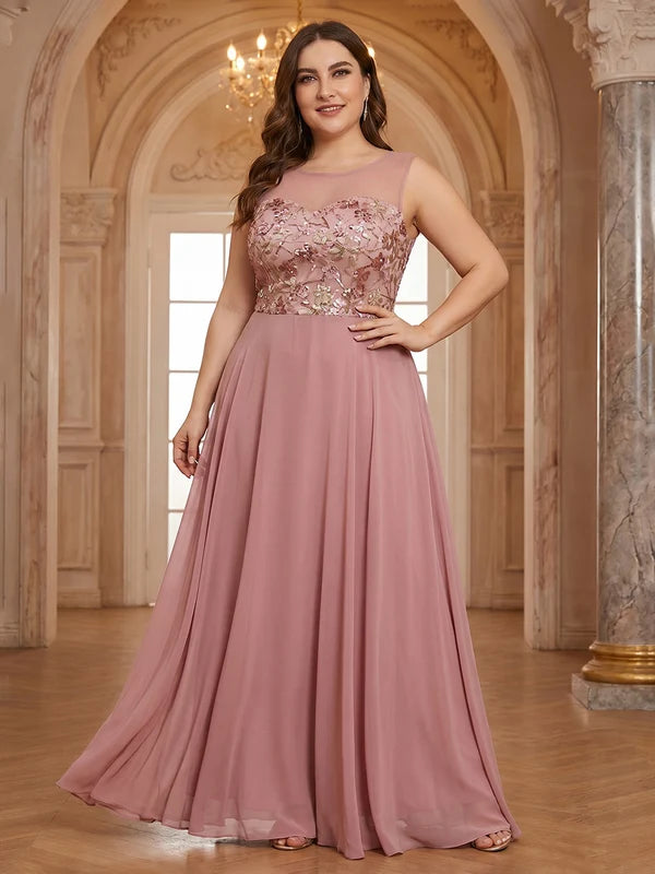 Robe Mère de la Mariée Grande Taille Florale en Mousseline Ligne A/Princesse à Col Rond Sans Manches Longueur au Sol