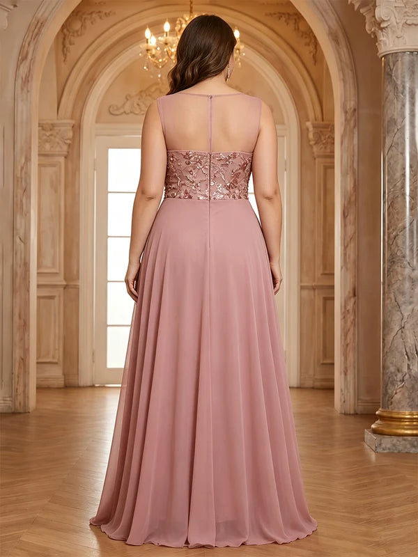 Robe Mère de la Mariée Grande Taille Florale en Mousseline Ligne A/Princesse à Col Rond Sans Manches Longueur au Sol