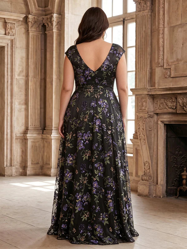 Robe Mère de la Mariée Grande Taille Florale à Paillettes Ligne A/Princesse à Col V Manches Courtes Longueur au Sol