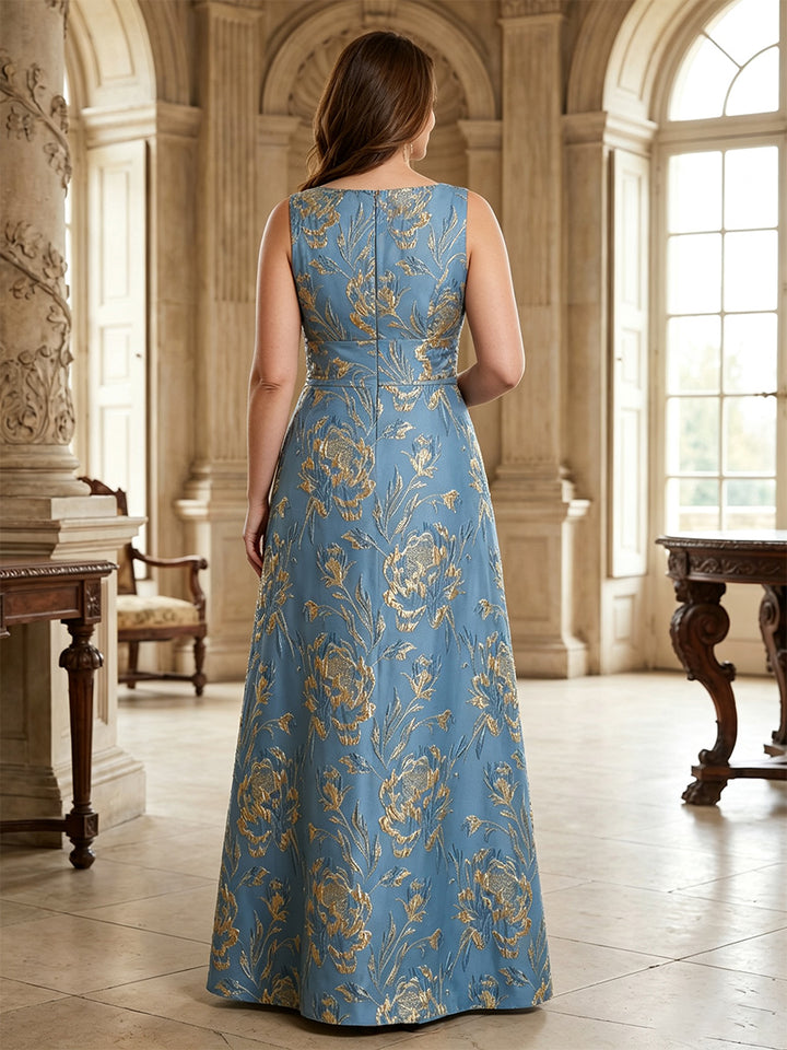 Robe Mère de la Mariée Grande Taille Florale en Jacquard Ligne A/Princesse à Col Rond Sans Manches Longueur au Sol