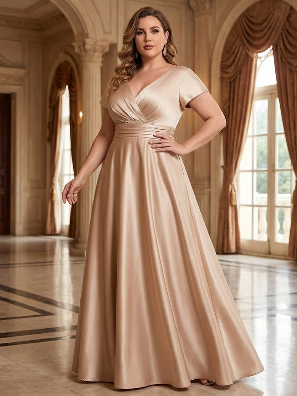 Robe Mère de la Mariée Grande Taille en Satin de Soie Ligne A/Princesse à Col V Manches Courtes à Volants