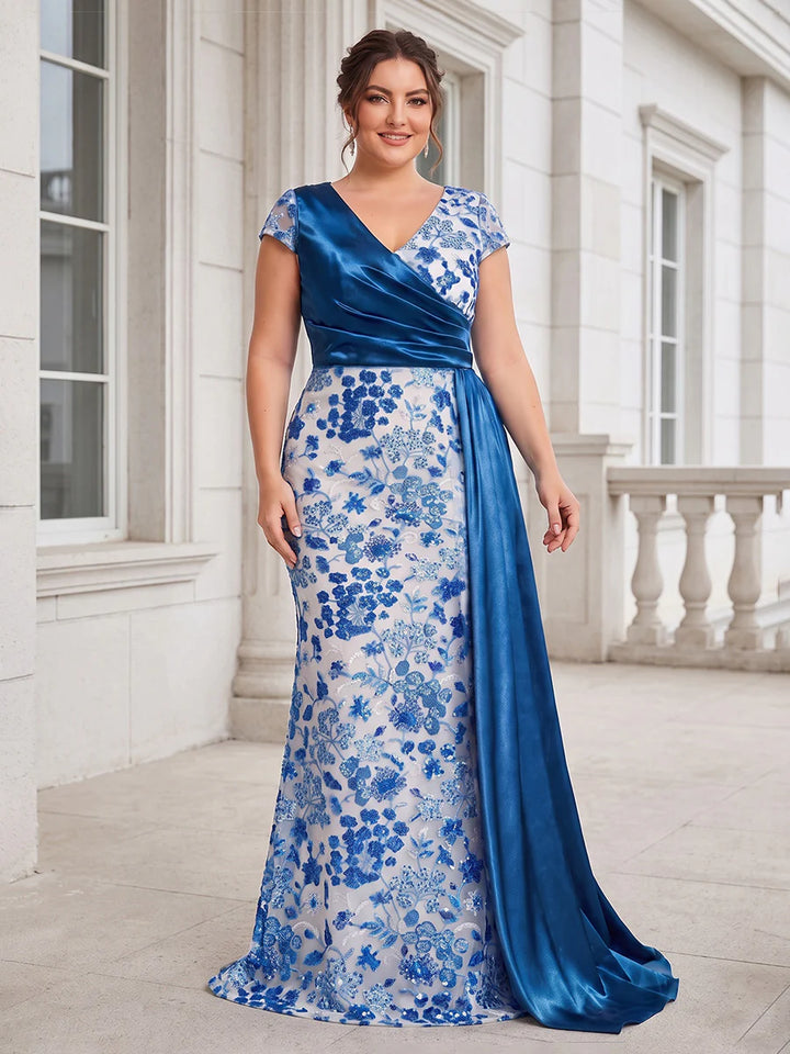 Robe Mère de la Mariée Grande Taille Florale en Satin Ligne A/Princesse à Col V Manches Courtes Longueur au Sol