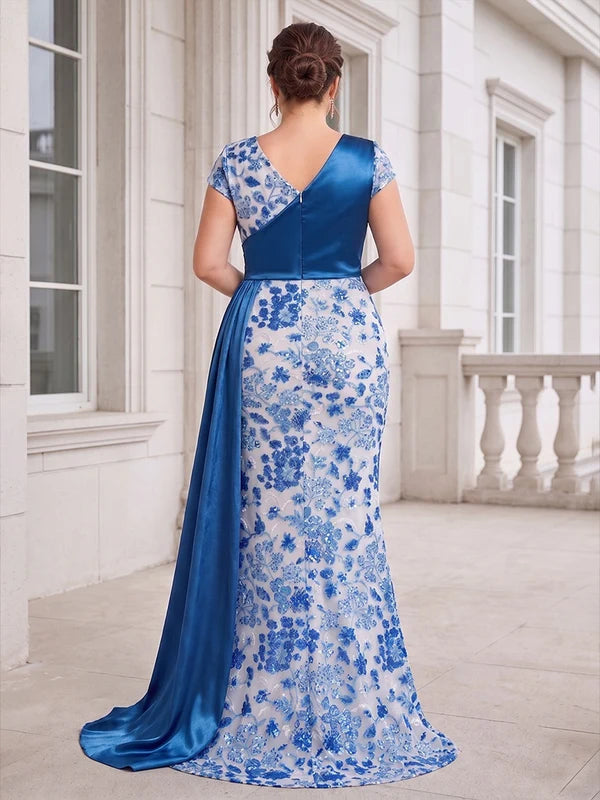 Robe Mère de la Mariée Grande Taille Florale en Satin Ligne A/Princesse à Col V Manches Courtes Longueur au Sol