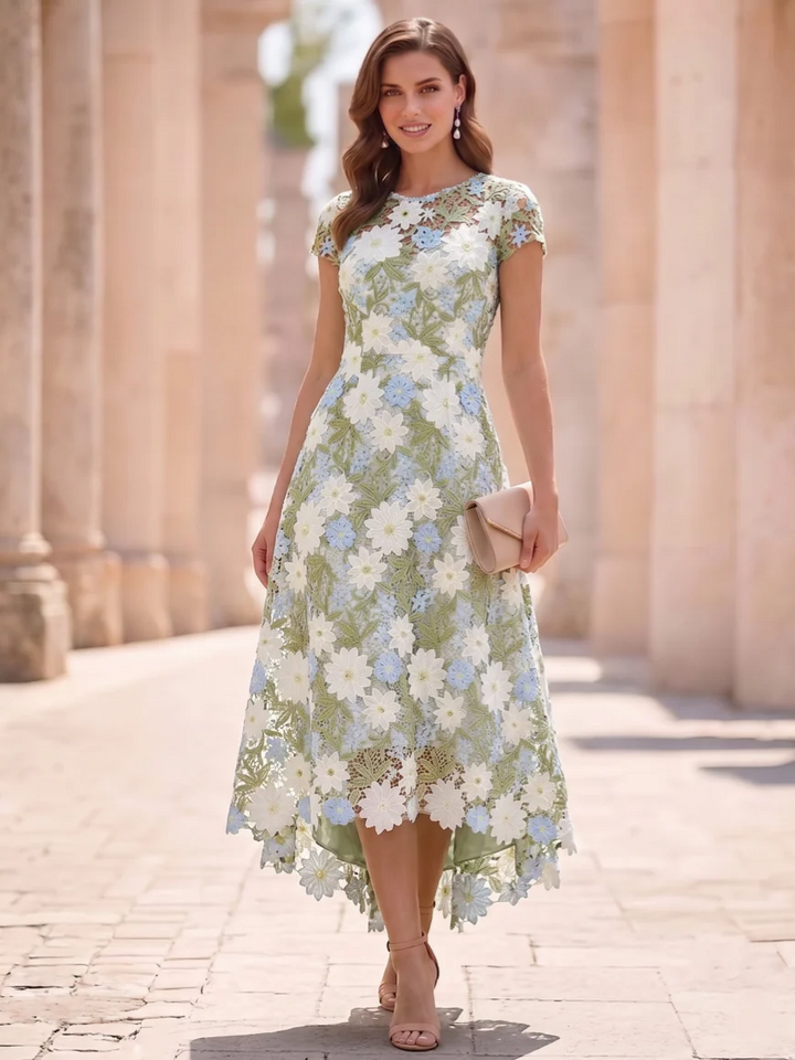 Robe Mère de la Mariée en Dentelle Florale à Col Rond Ligne A/Princesse Longueur Midi Haut-Bas Manches Courtes