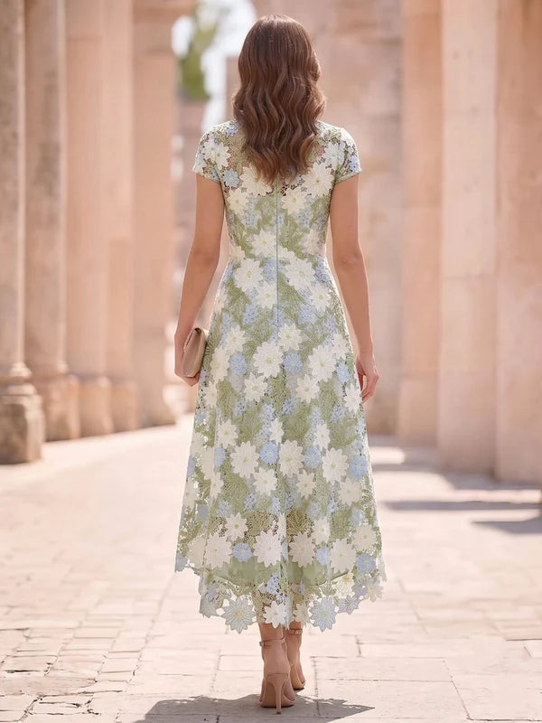 Robe Mère de la Mariée en Dentelle Florale à Col Rond Ligne A/Princesse Longueur Midi Haut-Bas Manches Courtes