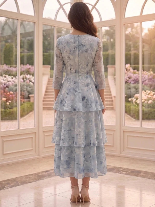 Robe 2 Pièces Mère de la Mariée Florale à Col Rond Ligne A/Princesse Longueur Mid Manches 3/4 avec Veste à Volants