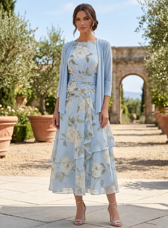 Robe 2 Pièces Mère de la Mariée Florale à Col Rond Ligne A/Princesse Longueur Midi Manches 3/4 avec Veste à Volants