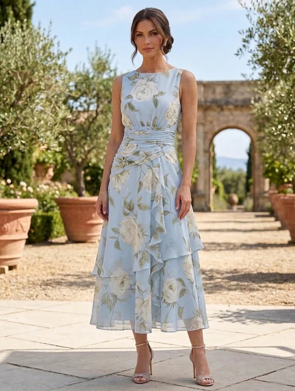 Robe 2 Pièces Mère de la Mariée Florale à Col Rond Ligne A/Princesse Longueur Midi Manches 3/4 avec Veste à Volants