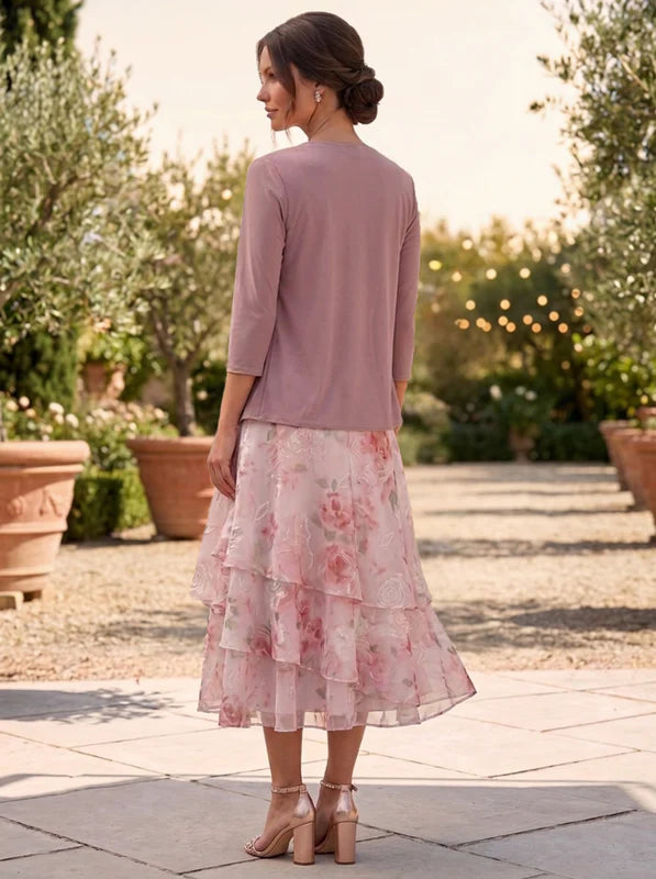 Robe 2 Pièces Mère de la Mariée Florale à Col Rond Ligne A/Princesse Longueur Midi Manches 3/4 avec Veste à Volants