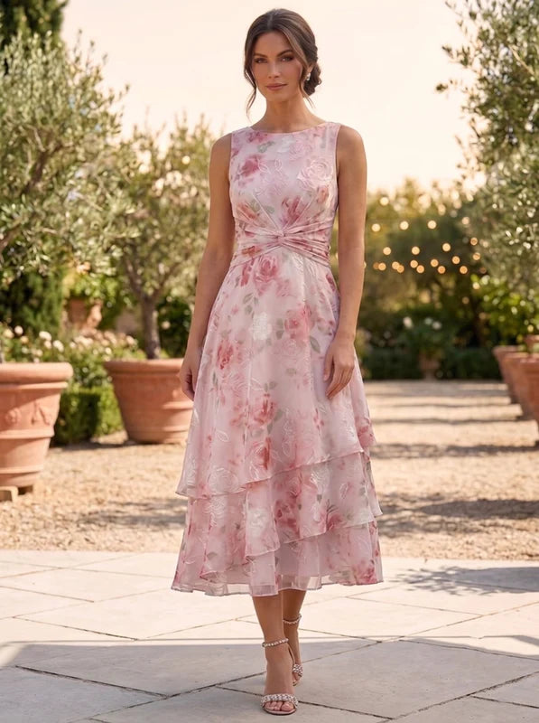 Robe 2 Pièces Mère de la Mariée Florale à Col Rond Ligne A/Princesse Longueur Midi Manches 3/4 avec Veste à Volants