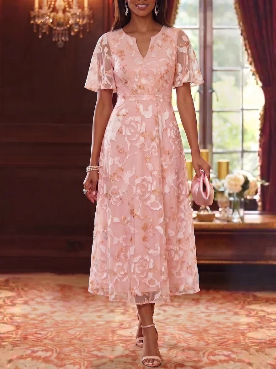 Robe Mère de la Mariée Florale en Mousseline à Col V Ligne A/Princesse Longueur Midi Manches Courtes