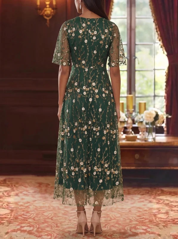 Robe Mère de la Mariée Florale en Dentelle Brodée à Col Rond Ligne A/Princesse Longueur Cheville Manches Courtes