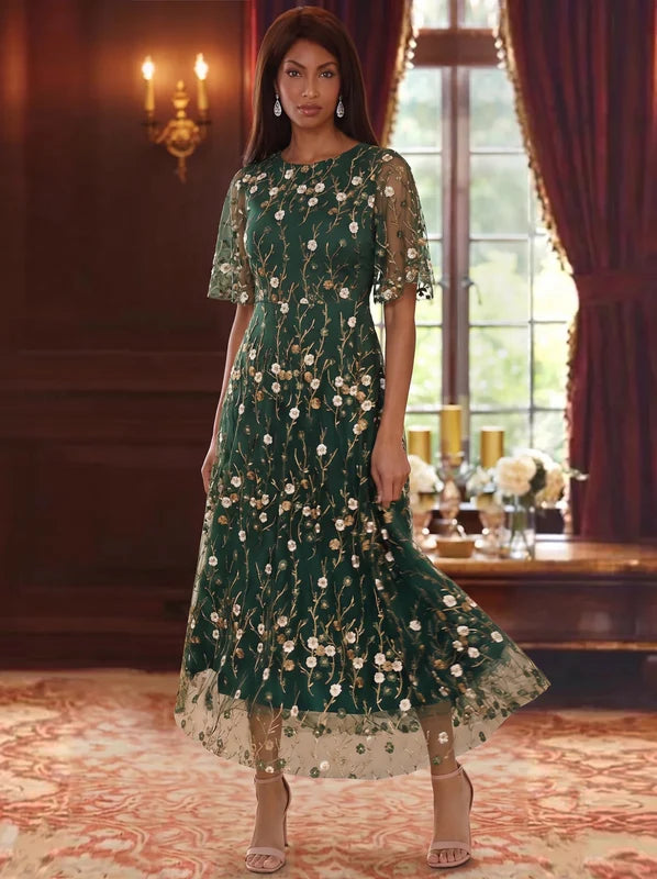 Robe Mère de la Mariée Florale en Dentelle Brodée à Col Rond Ligne A/Princesse Longueur Cheville Manches Courtes