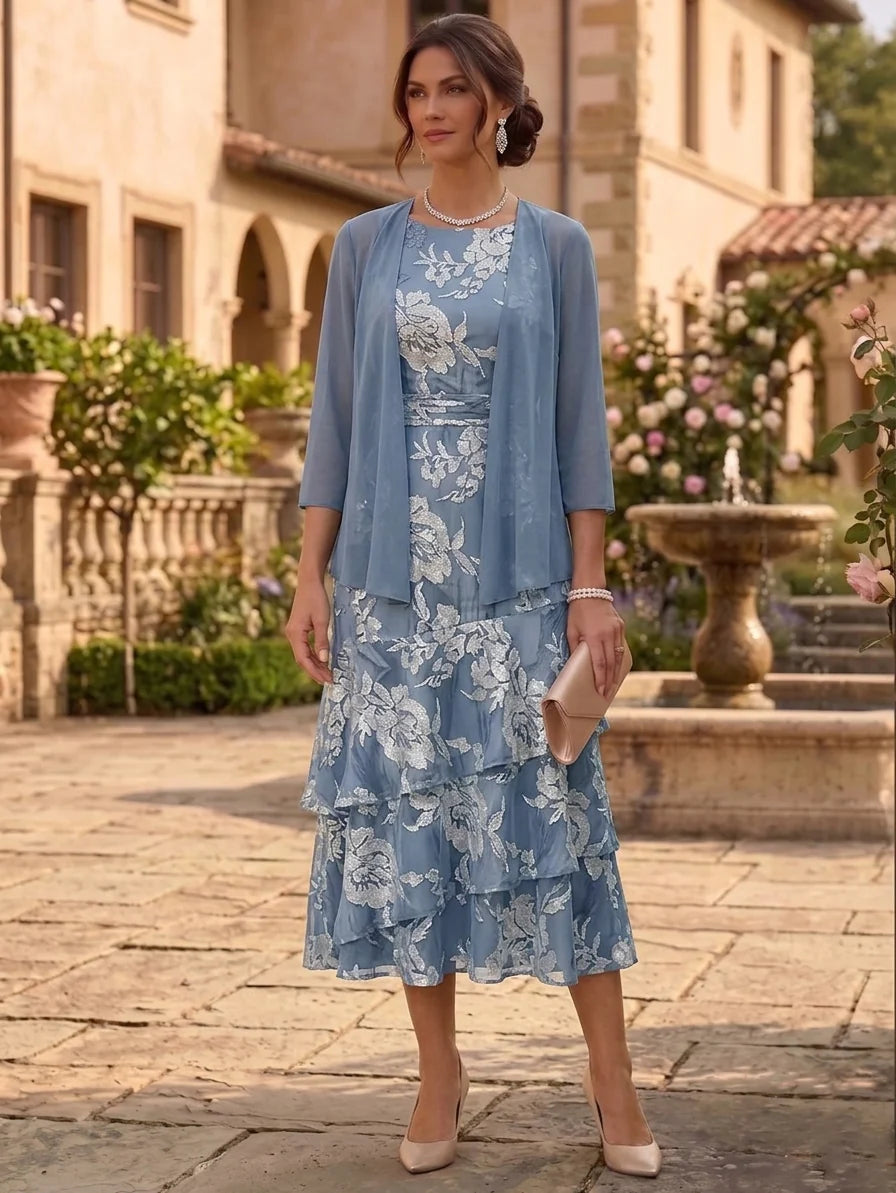 Robe 2 Pièces Mère de la Mariée Florale en Mousseline à Col Rond Ligne A/Princesse Longueur Midi Manches 3/4 à Volants