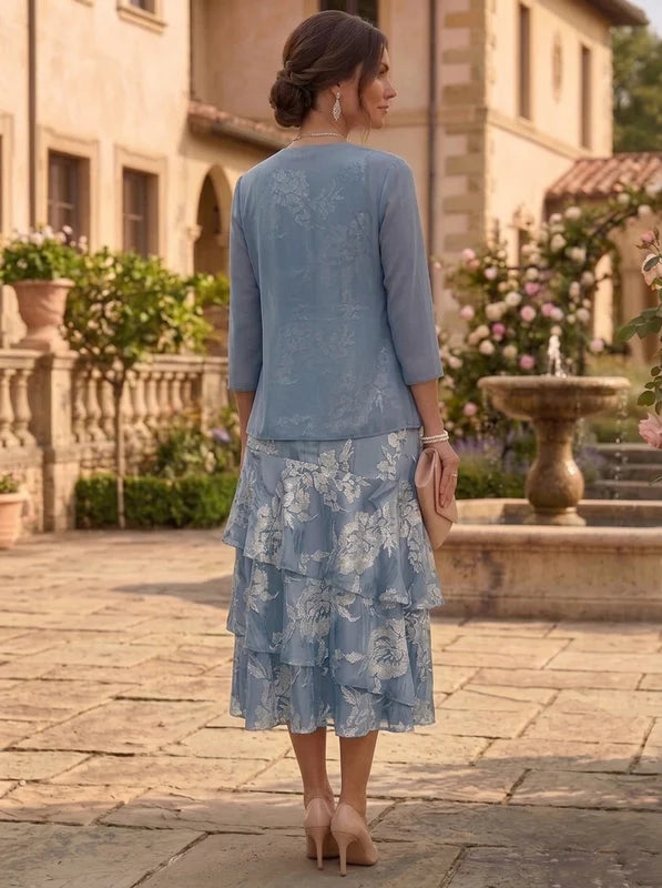 Robe 2 Pièces Mère de la Mariée Florale en Mousseline à Col Rond Ligne A/Princesse Longueur Midi Manches 3/4 à Volants