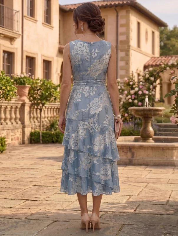 Robe 2 Pièces Mère de la Mariée Florale en Mousseline à Col Rond Ligne A/Princesse Longueur Midi Manches 3/4 à Volants