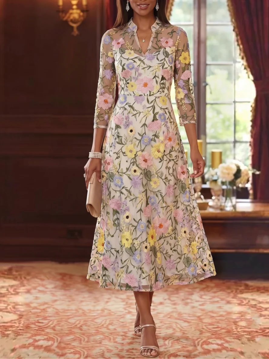 Robe Mère de la Mariée Florale en Dentelle Brodée à Col V Ligne A/Princesse Longueur Midi Manches 3/4