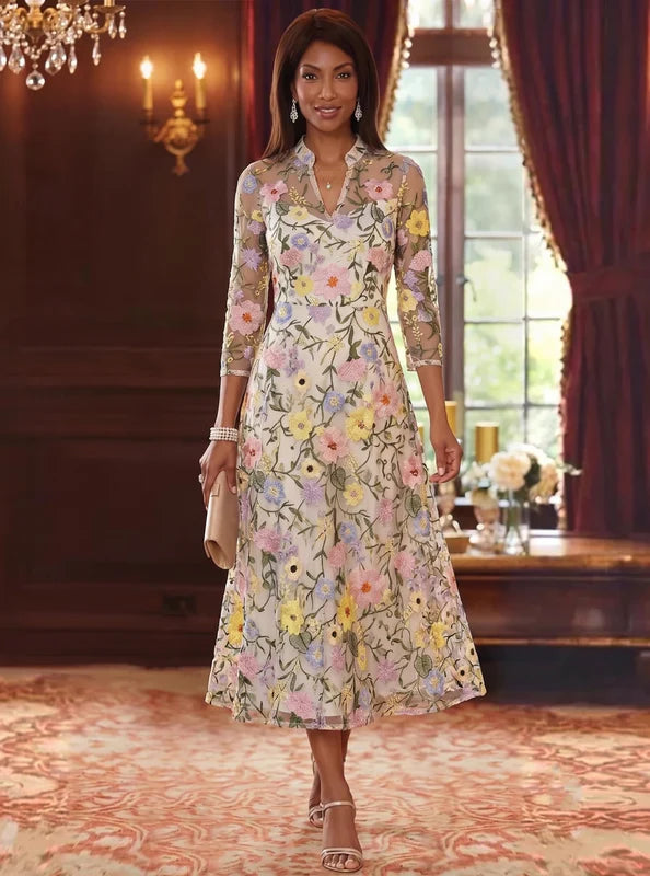Robe Mère de la Mariée Florale en Dentelle Brodée à Col V Ligne A/Princesse Longueur Midi Manches 3/4