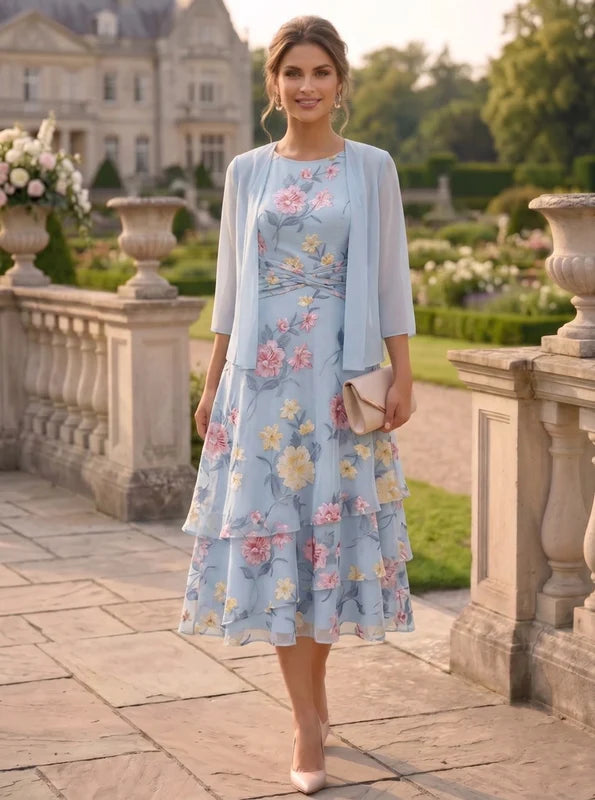 Robe 2 Pièces Mère de la Mariée Florale en Mousseline à Col Rond Ligne A/Princesse Longueur Midi Manches 3/4 à Volants