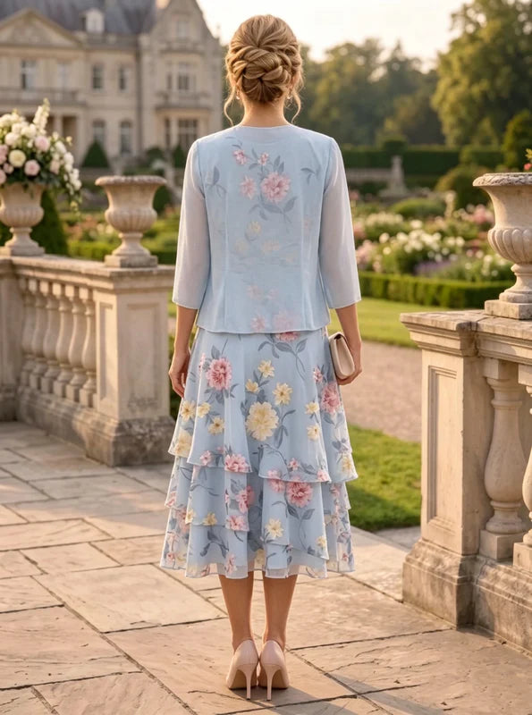 Robe 2 Pièces Mère de la Mariée Florale en Mousseline à Col Rond Ligne A/Princesse Longueur Midi Manches 3/4 à Volants