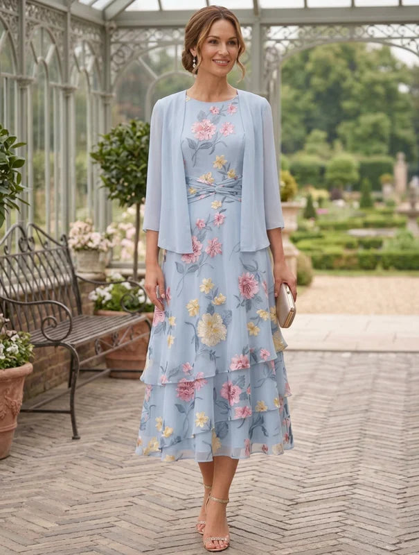 Robe 2 Pièces Mère de la Mariée Florale en Mousseline à Col Rond Ligne A/Princesse Longueur Midi Manches 3/4 à Volants